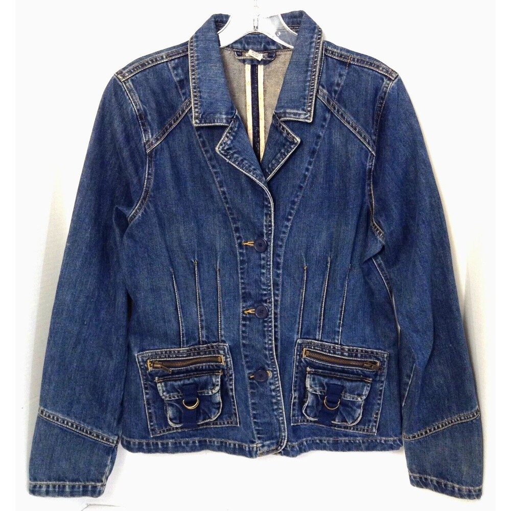Vtg Y2K Denim Jacket Wn L Blue Jean Detailed Stitching Boho Hipster 90s Old Navy
